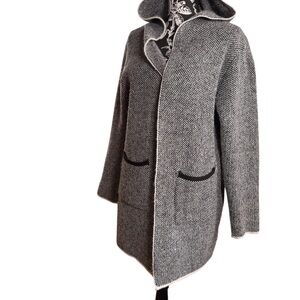 Gray Hooded Sweater Coat Open Front Cardigan Jacket Size L
